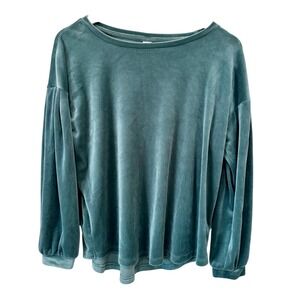 Women's Sage Green Velour Puff Sleeve Sweatshirt Relaxed Fit Cozy Top Stretchy M